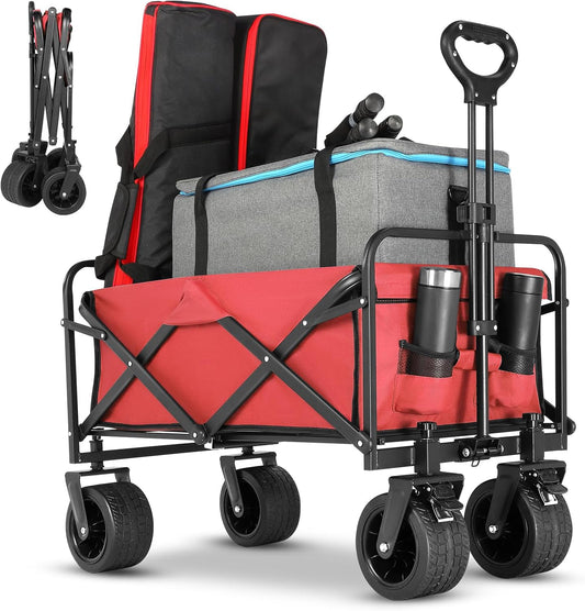 Q Transport Folding Wagon w/Brakes 350lb AT Wheels for Beach Camping