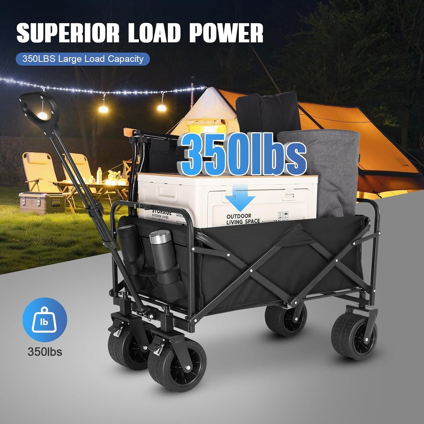 Q Transport Folding Wagon w/Brakes 350lb AT Wheels for Beach Camping