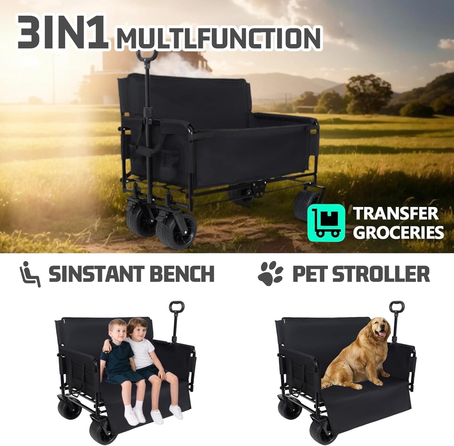 Q Transport 3-in-1 Folding Wagon Cart 500lb Bench Seat All-Terrain High Strength Series