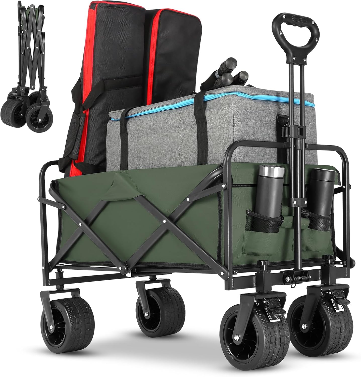 Q Transport Folding Wagon w/Brakes 350lb AT Wheels for Beach Camping